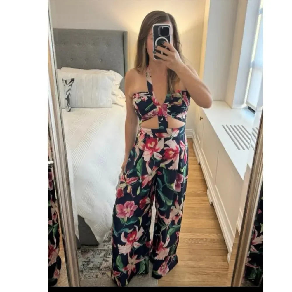PATBO Navy Blue Floral Halter Neck Center Cut-Out Wide Leg Laelia Jumpsuit US 0 - Picture 15 of 16